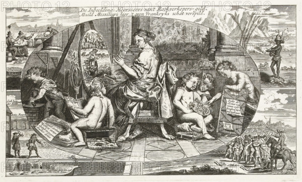 The Imagination Paints the Mississippi, 1720, The Imagination, Ruler of the Tobacco Sellers' Guild, Paint Mississippi here, which wastes France's treasure, The Great Tableau of Folly, cartoon, print, The female personification of the Imagination paints a picture of the Mississippi, around her children blowing bubbles or reading from the action book of the Mississippi Company sitting on an empty cash box. With four small scenes of other failed ventures. Below the image is a caption with a verse printed in three columns from a separate plate. Print 23 in the series The Great Tableau of Folly with satirical prints on the Speculative Markets of 1720., printmaker, Northern Netherlands, paper, etching, height 483 mm x width 375 mm, (Complaint of the South Sea Company, 1720)., painter at work, in his studio, Speculative Markets of 1720, North America, Mississippi (river), Period, A large oval scene fills the center showing a seated woman in flowing drapery viewed from behind and three nude ch...