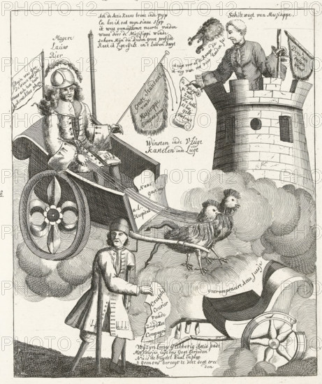 The Inventor of the Wind Trade, on his Victory Chariot, John Law, in his victory chariot, 1720, The Great Tableau of Folly, cartoon, print, in his victory chariot drawn by two French roosters. On the right the sentry of the Mississippi in a tower, in the foreground 'the crippled courier of the South Sea Company'. Printed on the sheet on either side of the plate a verse in two columns. Print 46 in the series The Great Tableau of Folly with satirical prints on the Wind Trade or Stock Trading of 1720., printmaker, Northern Netherlands, paper, etching, letterpress printing, etching with text in letterpress, height 327 mm x width 421 mm, Person, disabilities, deformations, chariot, triumphal car, Wind Trade of 1720, Period, A detailed black and white engraving shows a man seated in an ornate chariot with a large decorated wheel, wearing a long coat and a plumed helmet and holding a long pole; the chariot is drawn by two birds that stand on clouds and are attached by reins, and a second man ...