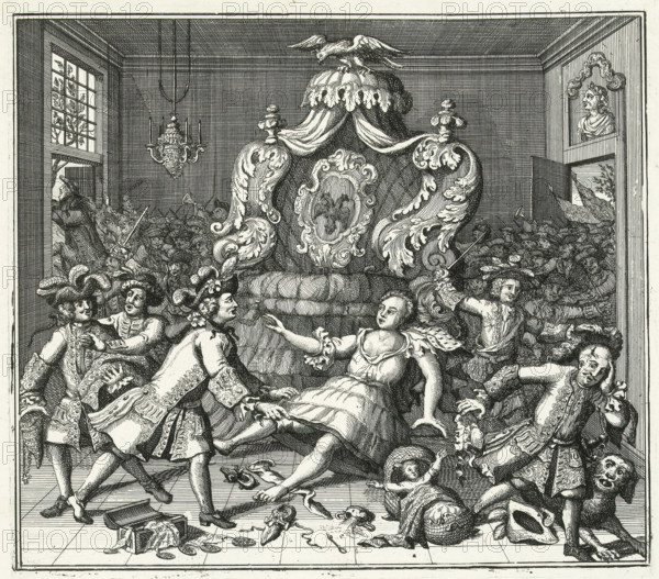 A woman of noble blood, was robbed here of land and goods, Caricature of the failed attempt to plunder the Austrian lands, 1742, cartoon, print, Caricature of the failed attempts to plunder the Austrian lands, 1742. France, Bavaria, Prussia, and Poland force their way into the bedroom of Archduchess Maria Theresa of Austria to steal her clothing and jewels. On the floor lies the child Joseph in the cradle. On the right, however, the Hungarian troops under Marshal Khevenhüller enter to drive out the intruders. Allegory of the War of Austrian Succession. On the page below the plate a verse in two columns., printmaker, Northern Netherlands, paper, etching, letterpress printing, etching with text in letterpress, height 526 mm x width 397 mm, Person, Maria Theresia (Roman-German empress), Ludwig Andreas von Khevenhüller, political caricatures and satires, Austrian war of succession, Period, A densely detailed black and white engraving showing an ornate interior with a large carved throne or...
