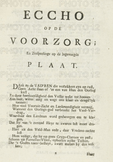 Eccho on the Precaution, And Allusions to the Inserted Plate, Echo accompanying the print with the allegory on the virtue of Austria, 1742, text sheet, Echo belonging to a separate edition of the print with the allegory on the virtue of Austria in the War of Austrian Succession, 1742. Folded sheet printed on four sides with an explanation of the allegory in verse form., writer (clerical worker): anonymous, Northern Netherlands, writer (clerical worker), paper, letterpress printing, text in letterpress, height 220 mm x width 145 mm, The accompanying print was also used as an illustration in: Willem van Haren. The four excellent poems, together with the Polybius, as well as all the poems of praise that appeared for and against them, with a fine title plate. Harderwijk: Dionies van Lennep and Amsterdam: Arnoldus Olofsen, p. 106, 107 with the explanation of the scene in verse form., War of Austrian Succession, Period, A sheet of aged, off-white paper with printed dark ink markings arranged...
