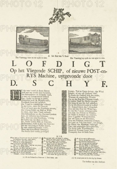 Ode to the Flying Vessel of Daam Schijf, 1743, Ode to the Flying Ship, or new Post and Travel Machine, invented by D. Schyf, print, Sheet with an ode to and two small illustrations of the so-called Flying Vessel, a vessel named Volg My, which was supposed to achieve great speeds without sails, an invention of Zaandam grocer Daam Schijf. On June 20, the ship, with a wheel powered by five horses hidden in the hold, was launched into the Zaan where it sank. At the top a vignette of Mercurius., printmaker, writer (clerical worker), Northern Netherlands, paper, woodcut, letterpress printing, woodcut with text in letterpress, height 419 mm x width 284 mm, Person, Daam Schijf, invention, discovery, science and technology, ships (in general) (propulsion of vehicle, ship, etc. by animals), Zaan, Period, Aged paper sheet with printed illustrations and decorative elements, showing two rectangular engraved panels near the top each depicting a wooden boat floating on water beneath a lined sky, a sm...