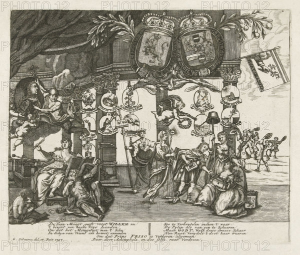 Allegory on the Elevation of William IV, 1747, print, Allegory on the Elevation of William IV as Stadtholder of the Republic, May 1747. The Dutch Maiden hands over the rule of the Republic to the Stadtholder. On the left, a portrait of the Stadtholder is held aloft by Mercury and angels, in the presence of History and Time. In the sky, various emblems and the coats of arms of the Republic and of William IV. In the center, a personification of Navigation with a standard bearing the banners of the VOC and WIC. In the caption a verse in two columns., printmaker: Gerrit Sibersma, Northern Netherlands, paper, engraving, gravure, height 173 mm x width 207 mm, Person, Willem IV (prince of Orange-Nassau), personifications of countries, nations, states, districts, Elevation of Prince Willem IV to Hereditary Stadtholder (1747), Netherlands, Period, A detailed black and white engraving shows an elaborate scene with a central raised platform framed by ornate columns and large drapery above, topped...