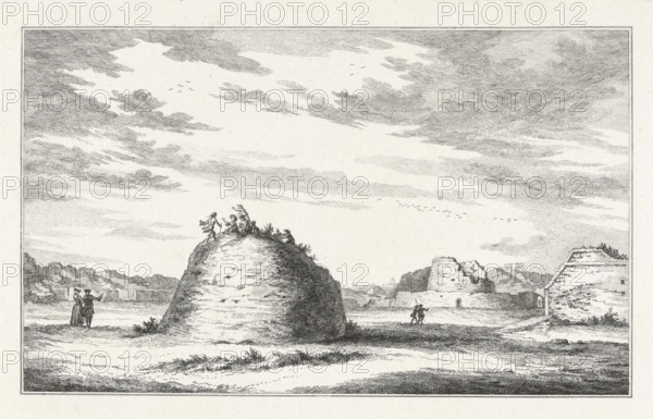 Ruins of the Coehoorn orillon and the Zeeland and Utrecht lunettes, Ten views of the ruins after the siege and destruction of Bergen op Zoom in 1747, print, book illustration, Visitors on the ruins of the Coehoorn orillon and the Zeeland and Utrecht lunettes, parts of the destroyed fortifications of Bergen op Zoom. Part of the series with ten views of the ruins after the siege and destruction of Bergen op Zoom by the French in June-September 1747., printmaker: Simon Fokke, Northern Netherlands, after drawing by Cornelis Pronk, 1772 - 1780, paper, etching, proof print before the letter, height 178 mm x width 270 mm, landscape with ruins, fortress, Siege and capture of Bergen op Zoom (1747), Bergen op Zoom, Period, 1747, A wide landscape engraving shows a large sky filled with layered, horizontally hatched clouds and small flocks of birds. In the foreground there are rounded, mound-like rock formations with textured surfaces and sparse vegetation on top. Small groups of people are presen...