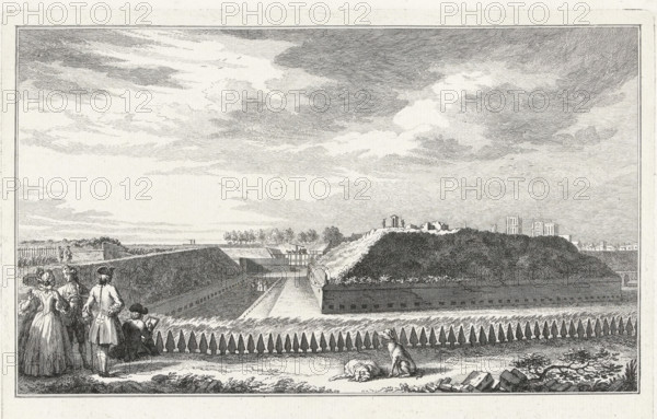 The Covered Way and the breaches in the Coehoorn bastion, Ten views of the ruins after the siege and destruction of Bergen op Zoom in 1747, print, book illustration, Visitors at the ruins of the Covered Way and the breaches in the Coehoorn bastion, parts of the destroyed fortifications of Bergen op Zoom. Part of the series with ten views of the ruins after the siege and destruction of Bergen op Zoom by the French in June-September 1747., printmaker: Simon Fokke, Northern Netherlands, after drawing by Cornelis Pronk, 1772 - 1780, paper, etching, proof print before the letter, height 175 mm x width 267 mm, landscape with ruins, fortress, Siege and capture of Bergen op Zoom (1747), Bergen op Zoom, Period, 1747, A wide landscape engraving shows a sky filled with layered clouds above a distant horizon with low trees and architectural ruins. In the midground there are earthen mounds and fortified walls flanking a long straight avenue that recedes toward a lock or sluice with a small group of...