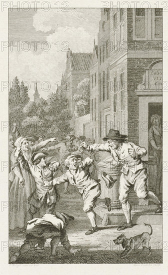 Looting of the house of a pro-French fish seller in Deventer, 1747, print, historical print, A pro-French fish seller in Deventer mistreated and his house plundered by rioters, September 20, 1747., printmaker: Reinier Vinkeles (I), Northern Netherlands, after drawing by Jacobus Buys, 1788, paper, etching, proof print before the letter, height 230 mm x width 150 mm, Used as illustration in: Jacobus Kok, Vaderlandsch Woordenboek, Johannes Allart, Amsterdam 1785-1799, 35 volumes, vol. 11, pl. 3., plundering, riot, Siege and capture of Bergen op Zoom (1747), Deventer, Period, 1747-09-20, A detailed black and white etching shows a crowded street scene with a row of tall brick buildings on the right and leafy trees and distant towers on the left, while a group of people in period clothing fill the foreground; men and boys wearing coats, breeches, and hats gesture wildly and push against one another, one man stands on a raised step with an arm extended and a hat knocked off, another child rec...