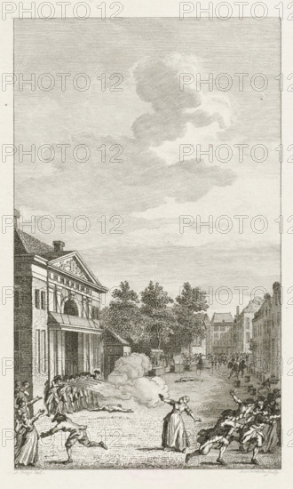 Riot on the Butter Market in Amsterdam 1748, print, historical print, Riot on the Butter Market in Amsterdam 1748. Soldiers standing in front of the Weighing House (Regulierswaag or Boterwaag) shoot at rioting citizens., printmaker: Reinier Vinkeles (I), Northern Netherlands, after drawing by Jacobus Buys, 1794, paper, etching, proof print before the lettering, height 210 mm x width 152 mm, Used as illustration in: Jacobus Kok, Vaderlandsch Woordenboek, Johannes Allart, Amsterdam 1785-1799, 35 volumes, vol. 32, pl. 2., street-fights, riots, Tenant Farmers' Revolt (1747-1750), Amsterdam, Botermarkt (Amsterdam), Regulierswaag, Period, 1748, A tall vertical engraving shows a town square scene under a sky filled with layered clouds, with a classical building on the left featuring a pediment and columns and rows of windows, and rows of narrower buildings receding on the right. In the square, uniformed soldiers stand in a line near the building, firing toward the center where thick plumes of...