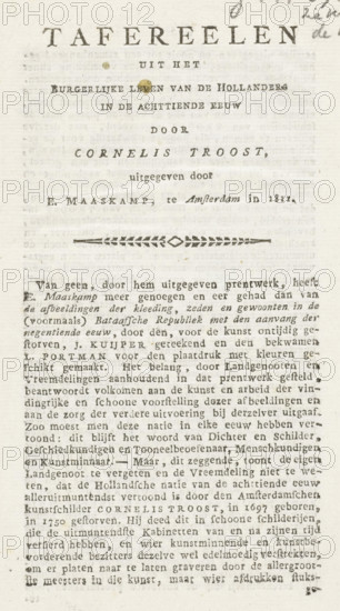 Scenes from the Bourgeois Life of the Dutch in the Eighteenth Century by Cornelis Troost, published by E. Maaskamp, in Amsterdam in 1811, Prospectus for the publication of the series of prints: Scenes from the Bourgeois Life of the Dutch in the Eighteenth Century, text sheet, publisher's prospectus, Prospectus for the publication by E. Maaskamp in 1811 in Amsterdam of the series of 32 prints titled: Scenes from the Bourgeois Life of the Dutch in the Eighteenth Century, after paintings or drawings by Cornelis Troost from the years 1725-1750. Booklet of 8 numbered pages with an introduction, a list of the prints, and a price list for the entire series or for various combinations of individual numbers., publisher: Evert Maaskamp, Amsterdam, 1811, Evert Maaskamp, publisher, paper, letterpress printing, text in letterpress, height 195 mm x width 130 mm, Period, 1725 - 1750, A tall, narrow sheet of aged paper with printed serif text arranged in centered headings near the top and several dens...