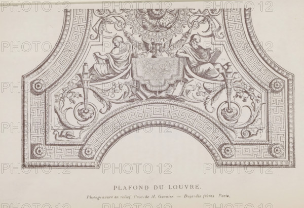 Photo reproduction of a drawing depicting part of the ceiling of the Musée du Louvre in Paris, Plafond du Louvre, reproduction, page, photomechanical print, Fontainebleau, cliché maker: Dujardin Frères, Paris, after drawing by anonymous, c. 1859 - in or before 1869, photographer, paper, photoaquatint, photogravure and relief process H. Garnier, height 96 mm x width 162 mm, Print after page 204., (decorated) ceiling, An ornate architectural drawing showing a decorative arch and surrounding rectangular panels filled with intricate geometric borders, floral scrollwork, rosettes, and stylized leaf motifs, with two seated robed figures facing inward above the arch holding books, a central cartouche with detailed vine-like ornament and winged elements, symmetrical torch-like decorative elements rising beside the figures, and small snail-like shell motifs near the lower corners, all rendered in fine sepia line work on a pale background.