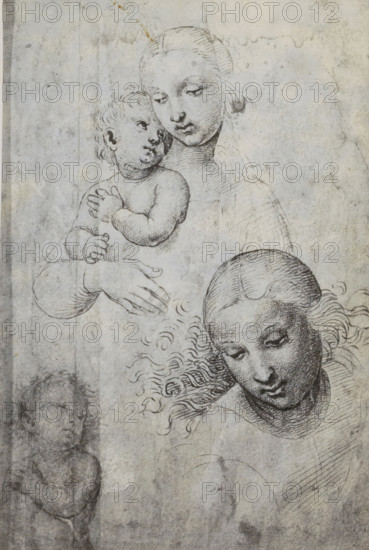 Photo reproduction of a drawing depicting Mary and Child, photograph, reproduction, page, photographer: Adolphe Braun & Cie., after drawing by Rafaël, c. 1859 - in or before 1869, paper, carbon print, height 119 mm x width 119 mm, Madonna: ie Mary with the Christ-child, A pencil or ink drawing on aged paper shows a seated woman holding a baby against her chest, the woman's face turned slightly downward with a calm expression and hair drawn back, the baby looking up toward her with curly hair and chubby limbs, the woman's hands and the baby's hands rendered with careful line work, and below them another female head in three-quarter view with wavy hair flowing outward and a downward gaze; faint traces of additional sketch lines and smudges appear on the textured, stained background.