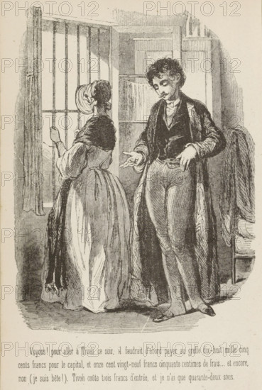 Man and a woman counting money in front of a window, page, photomechanical print, cliché maker: Zurcher, after drawing by Paul Gavarni, France, engraver: Armand Auguste Caqué, c. 1859 - in or before 1869, photographer, paper, photolithography, height 180 mm x width 115 mm, money, counting, calculating, A black and white line drawing of a room interior showing a woman standing by a barred window with her back mostly to the viewer and a man standing nearby facing slightly toward her; the woman wears a long dress with a fitted bodice and a shawl around her shoulders, her hair tied up with a head covering, and one hand rests on a bar while the other holds a small object; the man wears a long coat over a vest and trousers, he has curly hair and a mustache, his head is tilted downward and one hand is extended palm up while the other rests near his waist; behind them are panelled doors and hanging fabric, and a chair with folded cloth is visible at the right edge; the floor shows hatched shad...