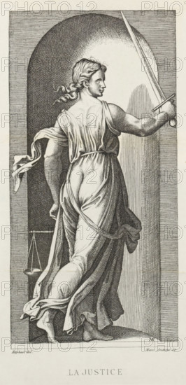 Photo reproduction of an engraving depicting Justice, La justice, reproduction, page, photomechanical print, name: 'E BALDUS 25 rd'Assas, 25, Paris', cliché maker: Édouard Denis Baldus, Paris, after print by Marcantonio Raimondi, Italy, after drawing by Raphael, c. 1859 - in or before 1869, Édouard Denis Baldus, Marcantonio Raimondi, Rafaël, photographer, cliché maker, after print by, after drawing by, paper, photoaquatint, height 212 mm x width 106 mm, Prent na pagina 202., Justitia (justice) as Roman personification, A monochrome engraving of a robed female figure shown from behind and in profile, stepping forward with flowing garments that cling and fold around her form, hair pulled back with loose curls, one arm extended forward holding a long, angled sword, the other arm lowered and holding a set of hanging scales, a rounded arch behind her with finely hatched shading, vertical line shading on the right, and detailed crosshatching throughout to define musculature, fabric folds, an...