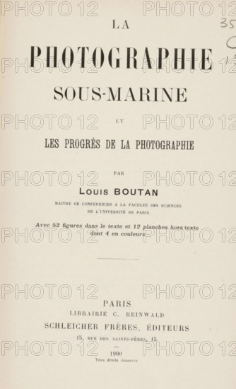 La photographie sous-marine et les progrès de la photographie, book, writer (clerical worker): Louis Boutan, publisher: Schleicher Frères, Paris, 1900, writer (clerical worker), textile materials, pasteboard, paper, linen (material), printing, autotype, photoaquatint, color on cut, height 227 mm x width 147 mm x thickness 27 mm, A cream-colored page with large dark serif headings centered near the top, smaller lines of dark serif text below, and a narrow horizontal line roughly midpage, with additional centered dark serif text and spaced lines toward the lower half, and slight discoloration along the left edge.