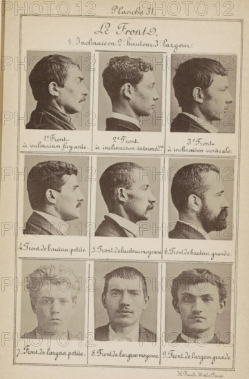Le Front., Nine men's heads, arranged according to the shape of their foreheads, page, photomechanical print, The top six portraits in profile, the bottom three are front views., number: '1e, 9', number: 'Planche 31.', inscription: '1. Inclination 2nd. hauthor 3. largeur', inscription: 'Front à inclinaison fuyante, Front de largeur grande.', France, printer (person): H. Racle, Paris, c. 1880 - in or before 1893, H. Racle, printer (person), paper, collotype, photoprint, height 243 mm x width 157 mm, head (human) (sideview, profile), head (human) (front view), A sepia-toned page with a grid of photographic portraits showing three rows of three images each, the top two rows displaying side-profile views of men facing right, with varied hairstyles from short and curly to fuller beards and mustaches, wearing collared shirts and jackets, each portrait framed with thin borders and separated by ruled lines, and the bottom row showing three frontal head-and-shoulder portraits of young men with ...