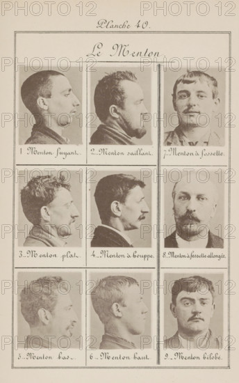 Nine male heads, arranged according to the shape of their chin, Le Menton, page, photomechanical print, Six photographs in side view, numbers 7, 8 and 9 taken in front view., inscription: 'Menton fuyant., Menton bilobé.', number: '1., 9.', number: 'Planche 40.', France, c. 1880 - in or before 1893, paper, collotype, photogravure, height 243 mm x width 157 mm, head (human) (sideview, profile), A vertically oriented page shows a grid of nine sepia-toned portrait photographs of men, arranged in three rows and three columns, each portrait framed by thin lines and separated by horizontal and vertical rules; the top row contains two profile views facing right and one front-facing view, the middle row repeats two right-facing profiles and one frontal portrait of a bald man with a mustache and beard, and the bottom row shows two right-facing profile portraits and one frontal portrait of a younger man with a mustache; the men display varied hairstyles and facial hair, including close-cropped ha...
