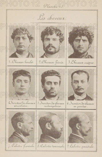 Nine men's heads, arranged by their hair, Les cheveux, page, photomechanical print, Six in front view, the bottom three in side view., inscription: 'Cheveux bouclés., Calvitie pariétale.', number: 'Planche 43.', number: '1., 9.', France, c. 1880 - in or before 1893, paper, collotype, photoprint, height 243 mm x width 157 mm, head (human) (side view, profile), head (human) (front view), hair, A vertically oriented page divided into a grid of rectangular panels containing black-and-white portrait photographs of men showing a variety of hair and facial-hair styles, with three head-and-shoulders portraits across the top row, three centered portraits in the next row, and three side-profile portraits along the bottom row; each portrait is framed by thin lines and separated by ruled borders, and the page has a decorative script title centered near the top.