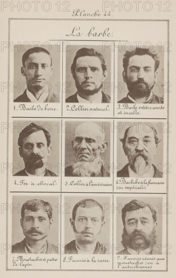 La barbe, Nine men's heads in front view, arranged on their beards, page, photomechanical print, number: '1., 9.', number: 'Planche 44.', inscription: 'Barbe de boue., Favoris réunis aux moustaches (ou à l'autrichienne.)', France, c. 1880 - in or before 1893, paper, collotype, photoprint, height 243 mm x width 157 mm, beard, head (human) (front view), A portrait sheet showing three rows of three head-and-shoulders black-and-white photographs of men arranged in a grid with thin borders separating each image, each man facing forward with varied facial hair styles; the top margin of the sheet contains a centered cursive heading, and each photograph has a short handwritten caption below it.