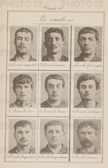 The eyebrows (a), Nine male heads in front view, arranged according to the shape of their eyebrows, page, photomechanical print, inscription: 'Approaching eyebrows., Sinus-curly eyebrows.', number: '1., 9.', number: 'Planche 45.', France, c. 1880 - in or before 1893, paper, collotype, photogravure, height 243 mm x width 157 mm, head (human) (front view), A printed sheet with a decorative title area and nine black-and-white photographic head-and-shoulders portraits of men arranged in a three-by-three grid, each portrait framed by thin lines and separated by horizontal and vertical rules, the men showing a variety of hair styles and facial hair ranging from clean-shaven to mustaches and a full beard, most facing forward with neutral expressions, the paper shows a light beige tone and faint aging, and there is cursive script beneath each portrait and a larger cursive heading near the top.