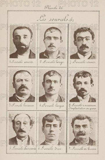 Nine male heads in front view, arranged according to the shape of their eyebrows, Les sourcils (b), page, photomechanical print, number: '1., 9.', inscription: 'Sourcils courts., Sourcils en brosse.', number: 'Planche 46.', France, c. 1880 - in or before 1893, paper, collotype, photoprint, height 243 mm x width 157 mm, head (human) (front view), A cream-colored page divided into rectangular framed sections containing black-and-white portrait photographs of men shown from the shoulders up, each man facing forward with neutral expressions and varying hairstyles and facial hair; the top of the page has a decorative heading area, and each portrait sits above a small handwritten caption area that is not described, with vertical and horizontal dividing lines separating the images into a grid.