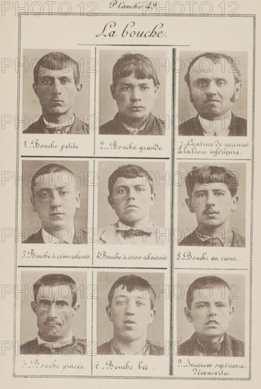 Nine male heads in front view, arranged according to the shape of their mouths, La bouche, page, photomechanical print, In front view., number: '1., 9.', inscription: 'Bouche petite., Incisives supérieures découvertes.', number: 'Planche 49.', France, c. 1880 - in or before 1893, paper, collotype, photoprint, height 243 mm x width 157 mm, mouth, head (human) (front view), A vertically oriented sheet shows a grid of rectangular portrait photographs arranged in columns and rows, each portrait framed by thin lines; the portraits depict individual faces of different people shown from the shoulders up with neutral or serious expressions, varied hairstyles from short cropped to slightly longer, different facial hair styles and clean-shaven faces, and clothing ranging from collared shirts and jackets to bow ties and scarves; the background behind each portrait is plain and light, and decorative thin border lines surround the entire sheet.