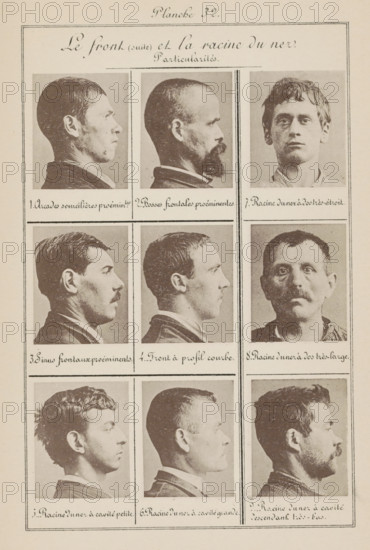 Le Front (suite) et la racine du nez. Particularités, Nine men's heads, arranged according to the shape of their nose bridge, page, photomechanical print, Seven in profile, numbers 7 and 8 are front views., inscription: 'Arcades sourcilières proémintes., Racine du nez à cavité descendant très-bas.', number: '1., 9.', number: 'Planche 32.', France, c. 1880 - in or before 1893, paper, collotype, photoprint, height 243 mm x width 157 mm, head (human) (side view, profile), head (human) (front view), A sepia-toned page divided into rectangular panels, each containing a portrait photograph of a man's head and shoulders shown in profile or frontal view; the portraits display varied hairstyles, facial hair, and expressions, with some men clean-shaven, some with mustaches, some with beards, and hair lengths ranging from short to medium and wavy; thin decorative borders frame the page and separate the panels, and handwritten script appears at the top and beneath each portrait.