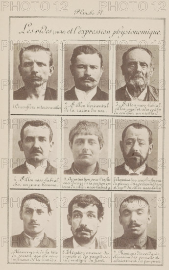 Nine male heads in front view, arranged on their forehead wrinkles during facial expressions, Les rides (suite) et l'expression physionomique., page, photomechanical print, inscription: 'Circonflexe intersourcilier., Mimique discordante. elévation des sourcils et abaissement des paupières.', number: 'Planche 51.', number: '1., 9.', France, c. 1880 - in or before 1893, paper, collotype, photoprint, height 243 mm x width 157 mm, head (human) (front view), creased, wrinkled forehead, A vertically oriented sheet contains a grid of photographic portrait panels showing mainly men's faces, arranged in rows and columns with narrow borders separating each portrait; the top margin shows a decorative script heading but no transcription is provided; the portraits vary in age and appearance, including clean-shaven faces, mustaches, beards, and different hairstyles; some men have short cropped hair, others have fuller or receding hairlines, and one portrait shows a man with a longer beard and thinne...