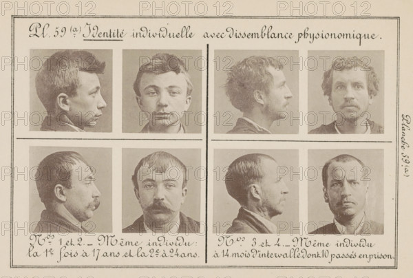 Individual identity with physiognomonic dissemination, Eight images of two men, taken at two ages, page, photomechanical print, The four images on the left are of a man at the age of 17 and 24, the four on the right are of a man, taken fourteen months apart., number: 'Planche 59. (a)', inscription: 'Same individual: the 1st time at 17 and the 2nd at 24.', inscription: 'Same individual 14 months apart, 10 of which were imprisoned.', number: 'Nos. 3 and 4.', number: 'Nos. 1 and 2.', France, c. 1880 - in or before 1893, paper, collotype, photoprint, height 243 mm x width 157 mm, head (human) (sideview, profile), criminals, A sepia-toned page divided into rectangular panels containing portrait photographs of men shown in profile and frontal views, arranged in a grid separated by thin borders; the men display varied hairstyles and facial hair, including mustaches and stubble, and wear collared garments; decorative handwritten script appears along the top and bottom edges of the page and a n...