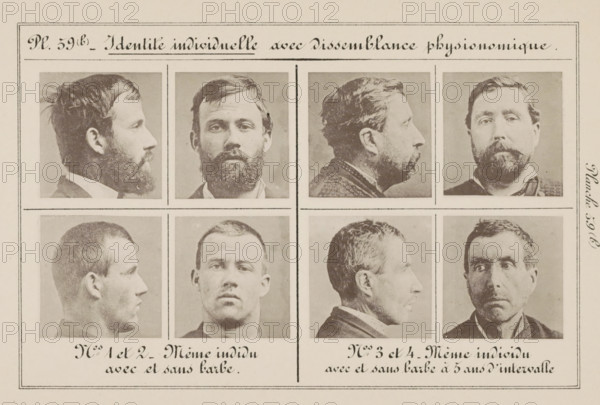 Eight images of two men, taken at different times and with and without facial hair, Individual identity with physiognomous discoloration, page, photomechanical print, Left a man with a beard and without a beard, right images of a man, taken at different times and with and without a beard., inscription: 'Same individual with and without a beard at 5 years' interval', number: 'Nos. 1 and 2.', inscription: 'Same individual with and without a beard.', number: 'Planche 59. (b)', number: 'Nos. 3 and 4.', France, c. 1880 - in or before 1893, paper, collotype, photoprint, height 243 mm x width 157 mm, head (human) (sideview, profile), head (human) (front view), criminals, A rectangular sheet with a grid of vintage sepia portrait photographs showing head-and-shoulder views of men in pairs, each pair including a profile and a frontal view; the faces show a range of facial hair from full beards to clean-shaven, varied hairstyles, and neutral expressions; thin printed border lines divide the image...
