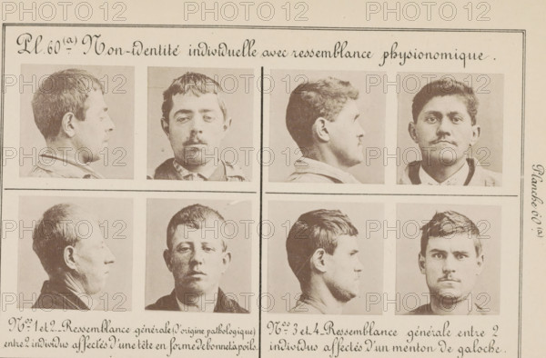 Eight portraits of four men with similar physical characteristics, Non-identité individuelle avec ressemblance physiognomie, page, photomechanical print, Left two men with similar hairlines, right two men with similar jawlines., inscription: 'Resemblement between 2 individuals with a gauntlet.', number: 'Nos. 1 et 2.', inscription: 'Resemblement (of pathological origin) between 2 individuals with a head shaped like a bonnet.', number: 'Planche 60. (b)', number: 'Nos. 3 et 4.', France, c. 1880 - in or before 1893, paper, collotype, photoprint, height 243 mm x width 157 mm, head (human) (sideview, profile), criminals, A sepia-toned page divided into a grid of portrait photographs showing pairs of men in profile and frontal views, each photograph framed by thin borders; the men have varied short hairstyles and facial hair styles including mustaches, and wear collared shirts or jackets, with neutral expressions and plain backgrounds, and there are decorative handwritten headings and lines ...