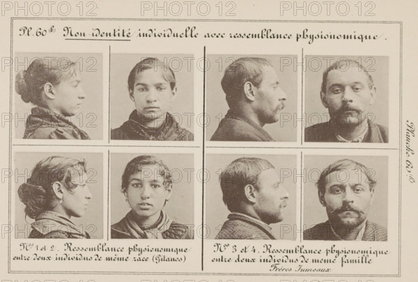 Individual non-identity with physiognomic resemblance, Eight images of two women's heads and two men's heads, with the same skin color and mutual family ties, page, photomechanical print, The four images on the left are of two women with similar skin color, the four on the right are of two brothers., number: 'Nos. 1 et 2.', inscription: 'Physical resemblance between two individuals of the same family Juvenile Brothers', inscription: 'Physical resemblance between two individuals of the same race (Gitanos)', number: 'Nos. 3 et 4.', number: 'Pl. 60. (b)', France, c. 1880 - in or before 1893, paper, collotype, photoprint, height 243 mm x width 157 mm, head (human) (sideview, profile), head (human) - AA - female human figure (sideview, head (human) - AA - female human figure (front view), head (human) (front view), A sepia-toned sheet divided into framed squares containing portrait photographs arranged in a grid, each pair showing a profile view and a frontal view of a different person; the...