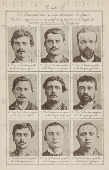 Les dimensions du nez observées de face., Nine male heads in front view, arranged according to the dimensions of their noses, page, photomechanical print, number: 'Planche 37.', inscription: 'Nez de hauthor petite et de largeur petite., Nez de hautoriteit grande et de largeur grande.', inscription: 'Tableau synoptique des combinaisons des three degrés de hauthor avec les threeis de largeur.', number: '1., 9.', France, c. 1880 - in or before 1893, paper, collotype, photoprint, height 243 mm x width 157 mm, parts of the face: nose, head (human) (front view), A sepia-toned sheet divided into a grid of portrait rectangles showing head-and-shoulders photographs of men, each photograph framed and arranged in rows and columns; the men display a variety of hairstyles and facial hair styles including mustaches and beards, and they wear collared shirts or jackets; the top of the sheet contains a decorative heading area with cursive script, and the bottom of each portrait box includes a handwritt...