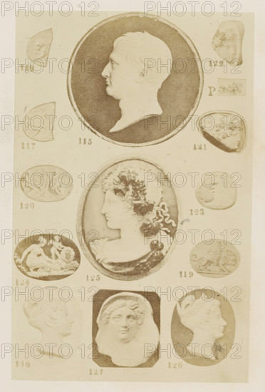 Fourteen reliefs with portraits and profiles, photograph, page, number: '115 - 127', photographer: F. Cole, c. 1857 - in or before 1867, paper, albumen print, height 163 mm x width 104 mm, historical persons (portraits and scenes from the life) (profile portrait), sculpture (relief, sculpture), carving, applied arts, A vertical sheet shows a series of cameo-style oval and circular relief portraits and small carved scenes arranged in rows, all rendered in a muted sepia tone. At the top is a large circular medallion with a left-facing male profile set against a dark background, bordered by a thin raised rim. Below and to the center is a large oval portrait of a left-facing female bust adorned with wreath-like foliage in her hair and draped clothing, also within a framed oval. Smaller ovals and circular pieces flank these main images, depicting various left-facing profiles, partial heads, and miniature scenes including figures and a reclining animal, each shown as low-relief images on pla...