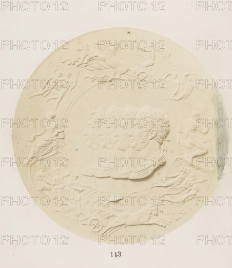 Commemorative medal in memory of the Battle of Waterloo with four busts of King George III of England, Emperor Francis II of Austria, Tsar Alexander I of Russia and King Frederick William III of Prussia, photograph, page, number: '143', photographer: F. Cole, c. 1857 - in or before 1867, paper, albumen print, height 125 mm x width 125 mm, memorial medal, A circular relief with a pale, uniform surface showing embossed classical figures and scenes arranged around the rim and center, including a seated draped woman holding an object, a bearded kneeling male figure, winged figures in flight, and a charioteer driving a chariot pulled by horses; a row of repeated male profiles with laurel-wreathed hair appears across the middle, and decorative curved lines and flowing drapery link the figures throughout the composition.