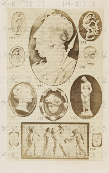 Ten reliefs and a sculpture, photograph, page, number: '145 - 155', photographer: F. Cole, c. 1857 - in or before 1867, paper, albumen print, height 165 mm x width 103 mm, text from the opposite page is printed on the photo., sculpture, The image shows a faded printed page with multiple oval and rectangular engravings arranged vertically, including a large central oval portrait of a classical head in profile facing left surrounded by smaller oval cameos and medallion-like images depicting various classical figures and busts, an oval photograph of a standing draped statue on the right, a circular framed head with a wreath near the center, and a rectangular frieze at the bottom showing a group of robed figures in motion; the page background shows faint reversed text visible through the paper and there are small numeric labels beside several of the engravings.