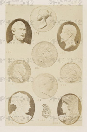 Nine portraits in relief and a Turkish ring, photograph, page, number: '158 -165A', photographer: F. Cole, c. 1857 - in or before 1867, paper, albumen print, height 165 mm x width 103 mm, Photo after page 148., sculpture, ring, A sepia-toned print showing a vertical arrangement of oval portraits and circular coins on a pale background, including a top circular medal with a left-facing female bust and a dark-oval framed left-facing male bust with sideburns on the left, a dark-oval framed right-facing male bust with a pointed beard on the right, a central large circular coin with a right-facing male profile and laurel hair, and additional circular coins and ovals below featuring left- and right-facing classical-style female and male busts, one small ornate teardrop-shaped decorative element, and lightly shaded backgrounds inside several of the ovals.