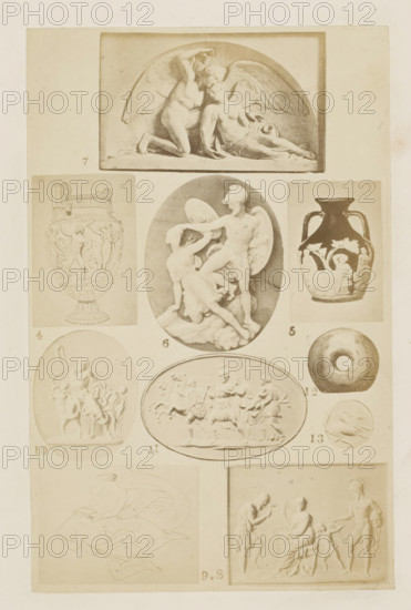 Ten reliefs, photograph, page, number: '4 - 13', photographer: F. Cole, c. 1857 - in or before 1867, paper, albumen print, height 162 mm x width 104 mm, vase, ornament, man (showing himself) undressed, quasi-nude, sculpture (relief, sculpture), A vertical sheet showing a grid of faded photographs and printed images of sculpted reliefs and pottery, arranged in rows; at the top is a rectangular image of two winged figures in an oval niche with one figure reclining and the other leaning over them; below that are three images across including a tall decorated vase on the left, an oval relief of two figures in combat at center, and an amphora-shaped vessel with handles on the right; further down are additional oval and circular relief images including a round bead-like object and an oval scene with equestrian figures, and a small round medallion; at the bottom are two larger panels, one showing a lightly sketched moving figure on the left and a square relief of multiple standing and seated ...