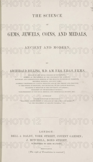 The science of gems, jewels, coins, and medals, ancient and modern, book, name: 'Ex librs CJ Peacock', writer (clerical worker): Archibald Billing, printer (person): Levey & Co., London, publisher: Bell & Daldy, publisher: John Mitchell, 1867, writer (clerical worker), printer (person), textile materials, pasteboard, linen (material), paper, printing, color on cut, albumen print, height 230 mm x width 160 mm x thickness 30 mm, A vertically oriented aged paper page with printed serif text arranged in centered lines, showing larger bold headings near the top and smaller blocks of dense text in the middle, with a narrow horizontal rule and additional lines of print toward the bottom, all on a light beige background with slight paper texture and a few small spots and smudges.