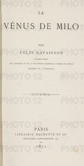 La Vénus de Milo, book, inscription: 'Sanatorium du Clergé de France, (Eccli. 18.6)', writer (clerical worker): Félix Ravaisson, publisher: Librairie Hachette & Cie., Paris, 1871, writer (clerical worker), paper, printing, albumen print, height 245 mm x width 164 mm x thickness 4 mm, The image shows a single page with a wide vertical layout and a light beige background that has faint aging spots and slight discoloration. Across the top and center are several lines of dark printed text in various sizes and serif type, arranged with generous spacing; near the middle a small ornamental horizontal flourish appears, and lower on the page more printed lines are present with a small horizontal rule beneath them. The page edges are slightly darker, and the overall appearance is that of an old printed title page with centered composition and ample blank space around the printed elements.