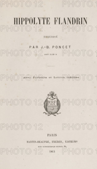 Portrait presumably of Hippolyte Flandrin, photograph, page, photographer: Charles Leymarie, Paris, c. 1854 - in or before 1864, paper, albumen print, height 90 mm x width 59 mm, Photo opposite title page., Person, Hippolyte Flandrin, portrait, self-portrait of painter, A faded off-white page with scattered small brown spots shows large bold block letters centered near the top, smaller lines of spaced text below, and a decorative crest featuring ornate scrollwork and a shield with initials in the middle of the page; further down are additional centered lines of smaller printed text and a faint row of tiny printed marks near the bottom.