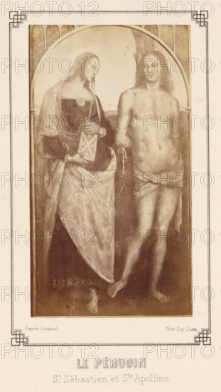 Photo reproduction of the painting Saint Sébastien et sainte Apolline by Pietro Perugino, Le Pérugin St. Sébastien et Ste. Apolline, photograph, reproduction, page, inscription: 'd'après l'original.', photographer: E. Léon, Grenoble, after painting by Pietro Perugino, c. 1869 - in or before 1879, paper, albumen print, albumendruk, height 140 mm x width 78 mm, Photo opposite title page., picture, painting, the martyr Sebastian, possible attributes: arrow(s), bow, tree-trunk, the virgin martyr Apollonia of Alexandria, possible attributes: book, crown, palm-branch, tooth in pincers, A sepia-toned image framed by a decorative border shows two standing figures beneath an arched background. On the left is a robed figure wearing a long flowing garment and a veil, holding a rectangular object with a patterned cover close to the torso; the robe has a lighter draped outer layer and a darker inner garment visible at the neckline and hem. On the right is a mostly nude figure with a cloth wrapped a...