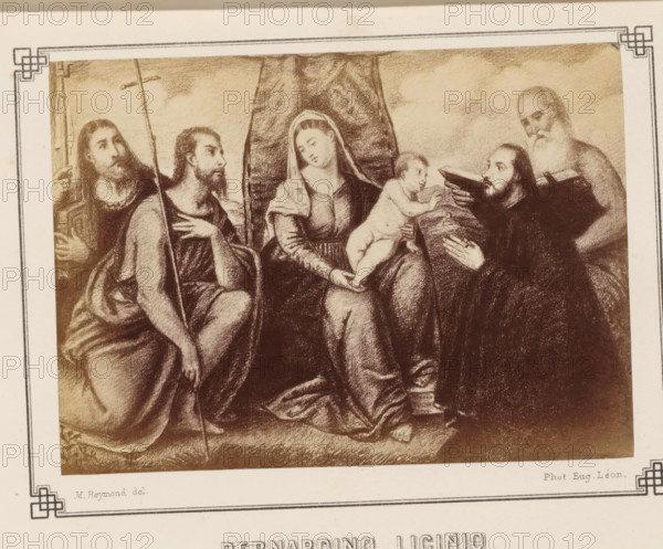 Photo reproduction of a print or painting of Mary with Christ and four men by probably Bernardino Licinio, Bernardino Licinio, photograph, reproduction, page, inscription: 'M. Reymond del.', photographer: E. Léon, Grenoble, after sculpture by Bernardino Licinio, c. 1869 - in or before 1879, after sculpture by, paper, albumen print, albumendruk, height 95 mm x width 130 mm, picture, painting, Madonna: ie Mary with the Christ-child, A sepia-toned illustration framed by a decorative border shows a seated woman wearing a head covering holding a naked infant on her lap, flanked by four bearded men in robes; one man to the left holds a tall staff and looks toward the center, the man next to him has a hand on his chest and faces the woman, a kneeling man to the right holds a book open toward the infant while another bearded figure stands behind him with a hand on his shoulder, drapery and folds of robes fill the lower area and a vertical cloth behind the central group rises toward the top.