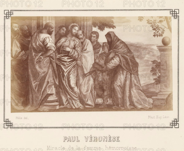 Photo reproduction of a painting of 'The Healing of the Bloody Woman' by Paolo Veronese, Paul Véronèse Miracle de la femme hémorroïsse, photograph, reproduction, page, inscription: 'Felix del, ', photographer: E. Léon, Grenoble, after painting by Paolo Veronese, c. 1869 - in or before 1879, paper, albumen print, albumendruk, height 80 mm x width 135 mm, picture, painting, healing of a woman with an issue of blood: she kneels before Christ after having touched his robe (Matthew 9:20-22, Mark 5:25-34, Luke 8:43-48), A sepia-toned print showing a group of robed figures clustered in a scene framed by decorative borders; central figures wear flowing drapery with one person making a gesture toward another, while others stand close by with varied expressions and poses; a hooded figure leans toward a seated person, and architectural elements like a column and a rounded finial appear at the right with trees and a landscape in the background.