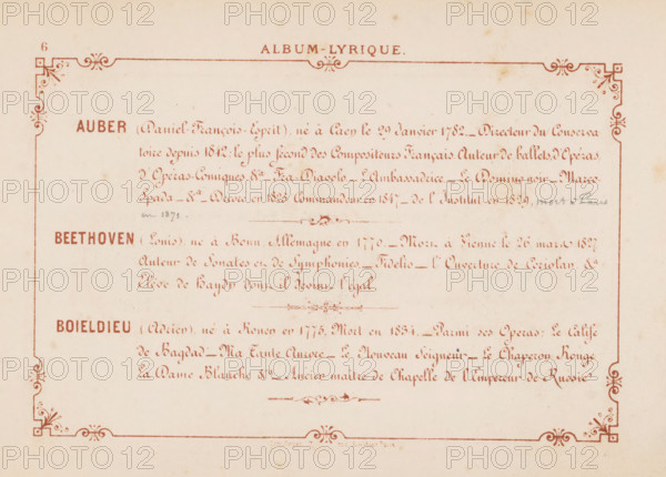 Three photo reproductions of drawings, depicting portraits by Daniel-François-Esprit Auber, Ludwig van Beethoven and François-Adrien Boieldieu, photograph, reproduction, page, photographer: Antoine René Trinquart, France, after drawing by anonymous, c. 1858 - c. 1868, paper, printing, albumen print, height 150 mm x width 227 mm, Person, François-Adrien Boieldieu, Daniel-François-Esprit Auber, Ludwig van Beethoven, composer, A rectangular aged paper with a decorative red border and corner flourishes surrounding three horizontally aligned sections of faded red handwritten-style script, with larger bold red headings at the left of each section, ornate floral divider designs between sections, and faint brownish spots and discoloration across the surface.