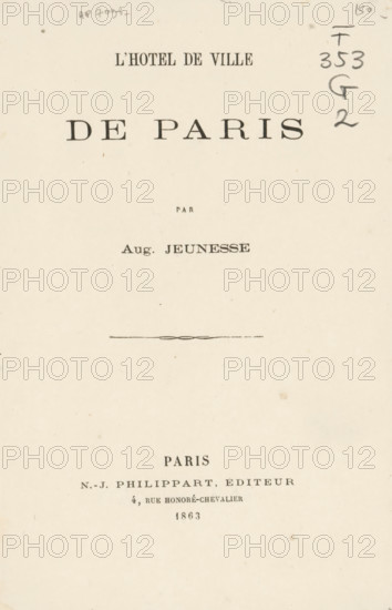 Hôtel de Ville de Paris, book, writer (clerical worker): Auguste Jeunesse, publisher: N.-J. Philippart, Paris, 1863, writer (clerical worker), paper, printing, albumen print, height 185 mm x width 120 mm x thickness 4 mm, A cream-colored page with printed lines of dark serif type arranged vertically, small handwritten pencil marks and scribbles near the top right, a faint horizontal ornamental line near the center, and light speckles and age spots scattered across the paper.