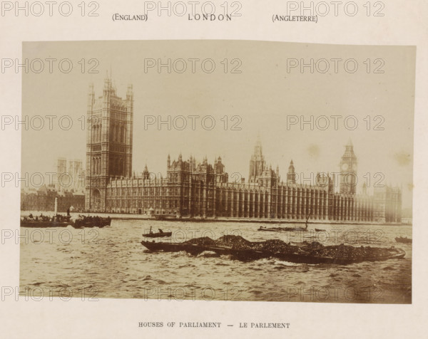 Houses of Parliament, photograph, page, London, c. 1876 - in or before 1886, photographer, paper, albumen print, height 143 mm x width 217 mm, river, Lower House, Parliament, Chamber, façade (of house or building), A wide sepia-toned photograph showing an ornate Gothic-style riverside palace with tall towers and a long facade extending along the water, small boats and barges floating on the river in the foreground, rippling water surfaces, distant low buildings partially visible behind the main structure, and a pale border surrounding the image.