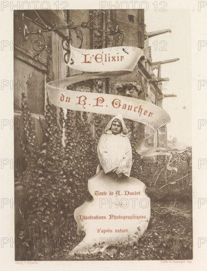 Monk in front of a church, page, photomechanical print, photographer: Henri Magron, France, cliché maker: Paul Dujardin, printer (person): Eudes et Chassepot, c. 1885 - in or before 1896, printer (person), paper, photoaquatint, height 210 mm x width 155 mm, Print on title page., church (exterior), monk(s), friar(s), A sepia-toned photograph shows a person wearing a hooded cloak standing in front of a weathered wall covered in climbing ivy and vines, with decorative wrought-iron brackets and wooden beams protruding from the building. A long ribbon-like banner weaves down the scene, partially obscuring the person and flowing toward the bottom of the image. The person stands with hands clasped at the front, eyes visible beneath the hood, and the surrounding ground is overgrown with grass and small plants. The overall scene has an aged, textured appearance with rough stone and wood details visible on the wall.