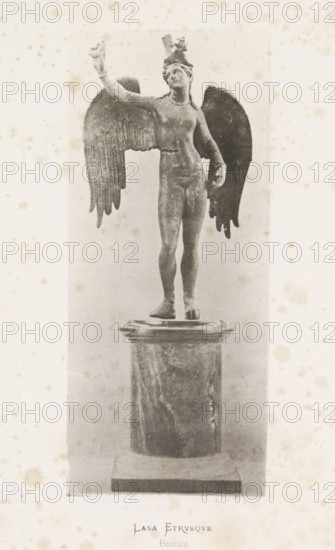 Lasa Etrusque, Bronze angel from the Etruscan period, page, photomechanical print, number: 'Pl. 10', photographer: Stephane Geoffray, Paris, 1879, paper, collotype, photoprint, height 211 mm x width 90 mm, piece of sculpture, reproduction of a piece of sculpture, A monochrome photograph of a winged statue standing on a rounded pedestal, showing a humanlike figure with outstretched limbs and one arm raised, wings extended behind the torso, a headdress or object atop the head, and visible texture and wear on the statue and pedestal.