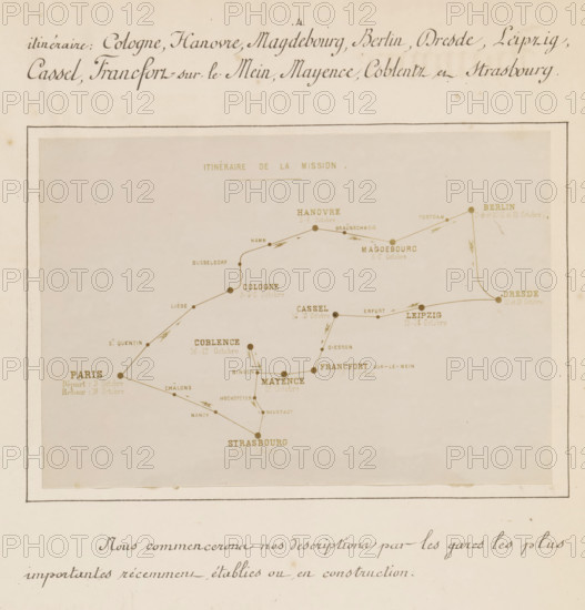 Itinéraire de la mission, Photo reproduction of a map of the railways between Paris and Berlin, photograph, reproduction, page, after drawing by anonymous, c. 1874 - in or before 1884, photographer, paper, albumen print, albumendruk, height 110 mm x width 160 mm, Photo on page 4., railway, train, maps, atlases, A faded printed map panel framed by a thin dark border sits centered on a cream-colored page, showing a pale beige background with fine brown lines connecting small filled circles that mark places; headings and labels in a light brown serif type appear near many circles, and decorative arrows indicate directions between points; above the panel there is a line of handwritten cursive text in dark ink stretching across the top edge, and below the panel a larger handwritten cursive sentence spans the width of the page; the paper shows small age spots and slight discoloration around the edges.