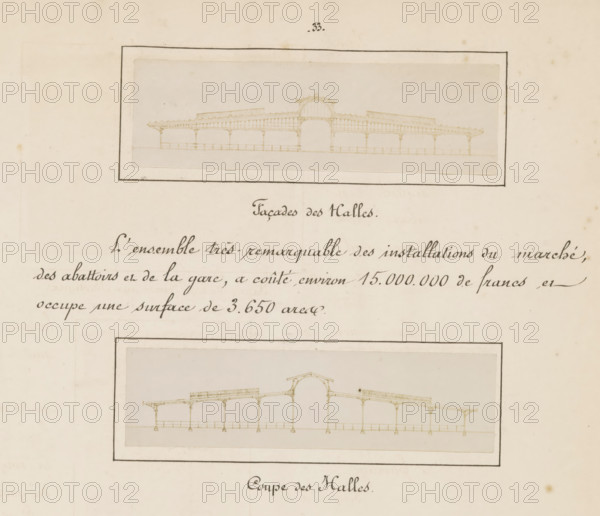 Coupe des halls, Façades des halles, Two photographic reproductions of cross-sections of the Berlin Stock Exchange, photograph, reproduction, page, after drawing by anonymous, c. 1874 - in or before 1884, photographer, paper, albumen print, albumendruk, height 361 mm x width 250 mm, Photos on page 33., market-hall, maps, atlases, stock exchange, stock-market, A faded sheet with two rectangular framed architectural elevation drawings of a long covered structure, each drawing showing a central arched opening flanked by repeated slender columns supporting a pitched roof and raised walkways, the drawings rendered in pale sepia lines on a light cream background, with handwritten cursive script visible between and around the framed drawings and a smaller decorative numeral near the top edge.