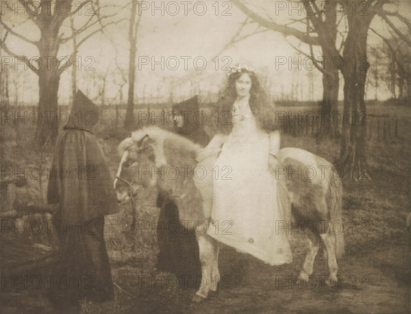 Woman in the Amazon sitting on a horse with two people dressed in monks' robes next to it, L'Église et le Monde, page, photomechanical print, photographer: James Craig Annan, clichémaker: anonymous, 1899, paper, photoaquatint, height 150 mm x width 188 mm, horse, monks and nuns, A sepia-toned photograph showing a young person with long hair wearing a light dress and a floral headpiece seated on a small pony, a dark-cloaked figure standing beside holding the pony’s reins, leafless trees in the background, and a fence visible behind them.
