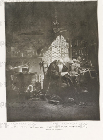 Faust in his laboratory, Faust dans son laboratoire, page, photomechanical print, photographer: Frédéric Boissonnas, cliché maker: Reymond, 1896, paper, autotypie, height 187 mm x width 145mm, Faust, A dimly lit interior scene shows an older man with a long beard seated at a cluttered wooden table, leaning on one hand while writing or reading under the light of an oil lamp; he wears a heavy robe and sits on a simple chair with a high back. Behind him a tall window with many small circular panes casts a patterned light; nearby shelves and racks hold glassware and various scientific-looking apparatus including flasks and tubes. The room contains many scattered objects such as folded cloths, boxes, spherical vessels, and a large domed or strapped container, and a rounded glass vessel sits on a table with a curved pipe leading from it. Overhead a chain or hanging fixture and a suspended object are visible against a dark textured wall, and soft shadows and highlights emphasize the worn surf...